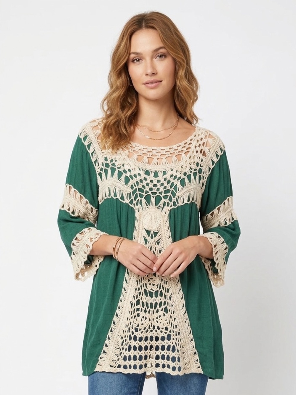 Umgee Green Crochet Lace Asymmetrical Tunic Top L - Picture 1 of 7
